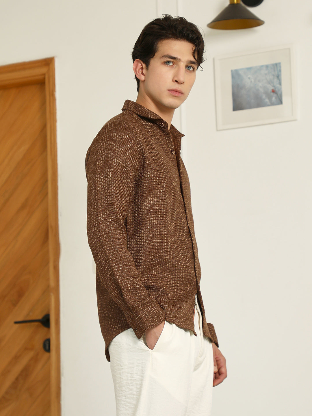 Brown Textured Cotton Blend Full Sleeve Shirt