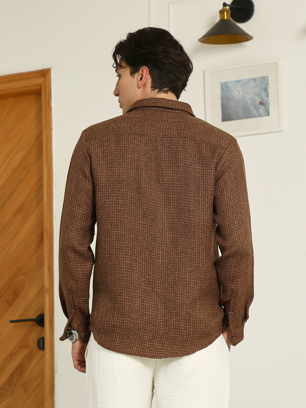 Brown Textured Cotton Blend Full Sleeve Shirt