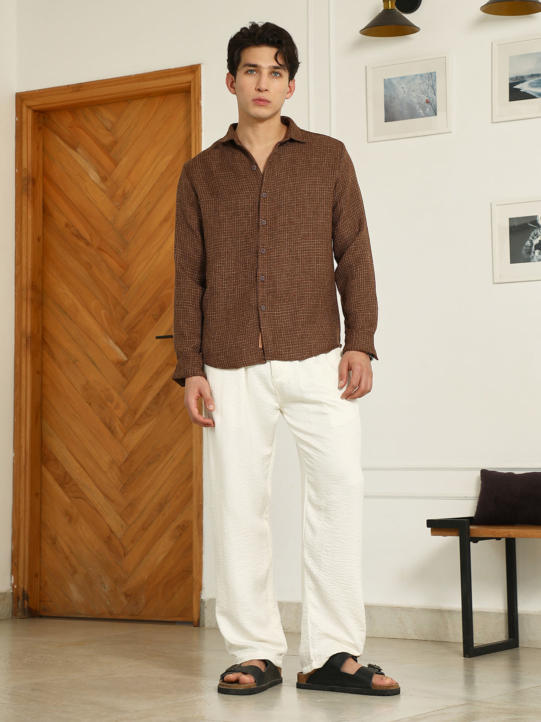 Brown Textured Cotton Blend Full Sleeve Shirt