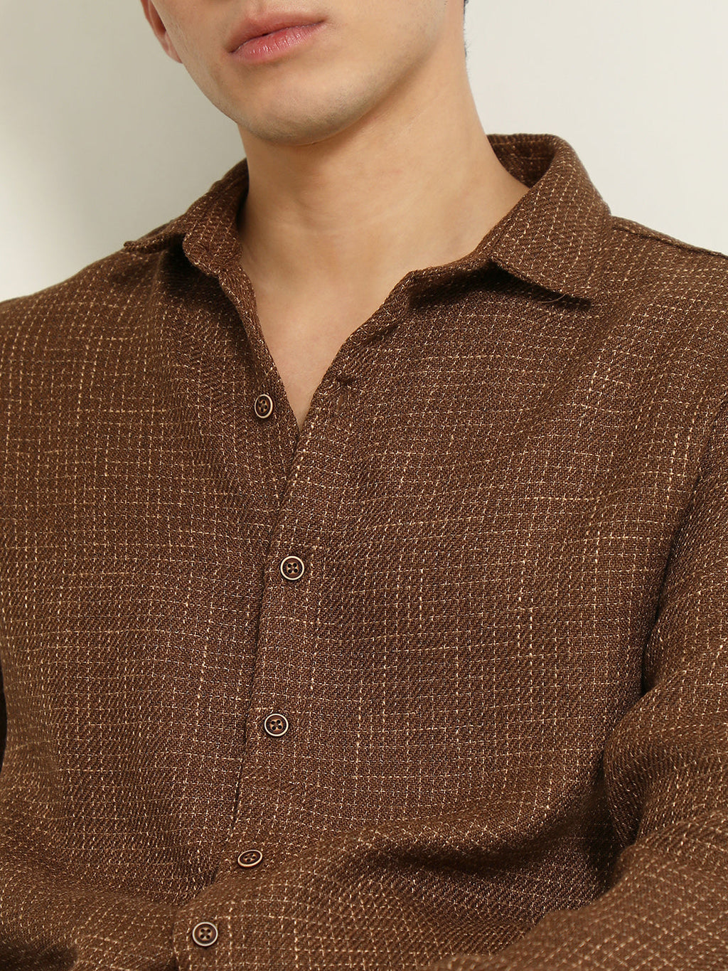 Brown Textured Cotton Blend Full Sleeve Shirt