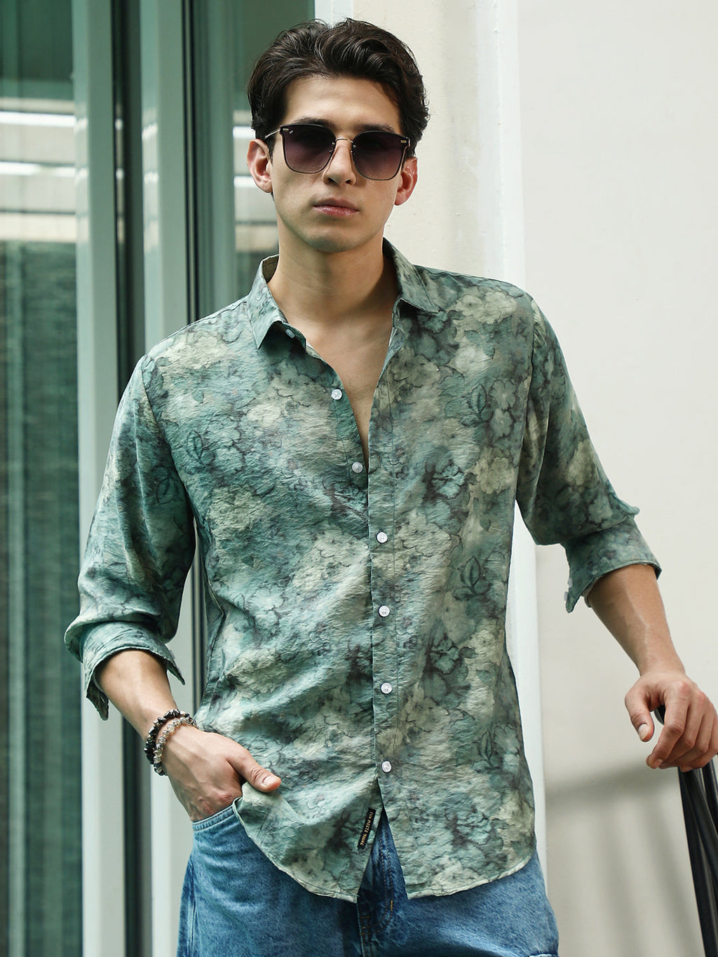 Green Floral Print Full Sleeve Shirt