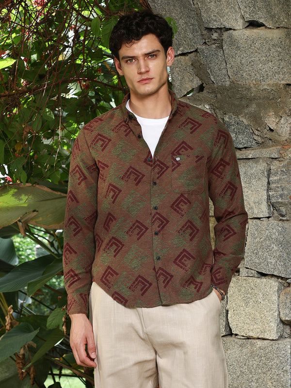 Coffee Brown Cubic-Stamp Jacquard Shirt