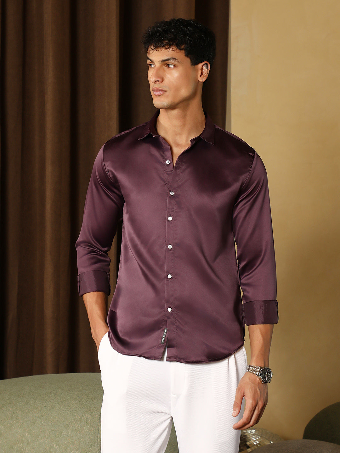 Solid-Satin Regular Shirt