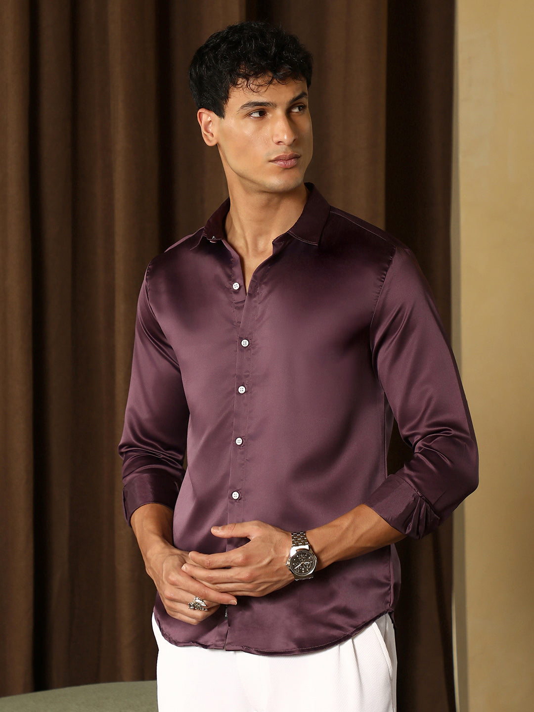 Solid-Satin Regular Shirt