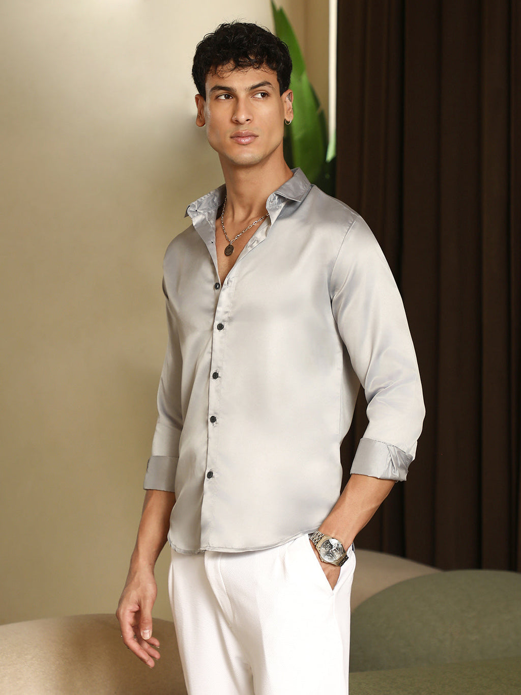Solid-Satin Regular Shirt