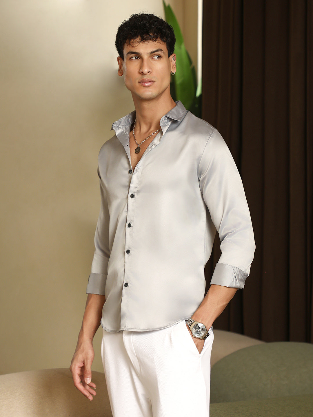 Solid-Satin Regular Shirt
