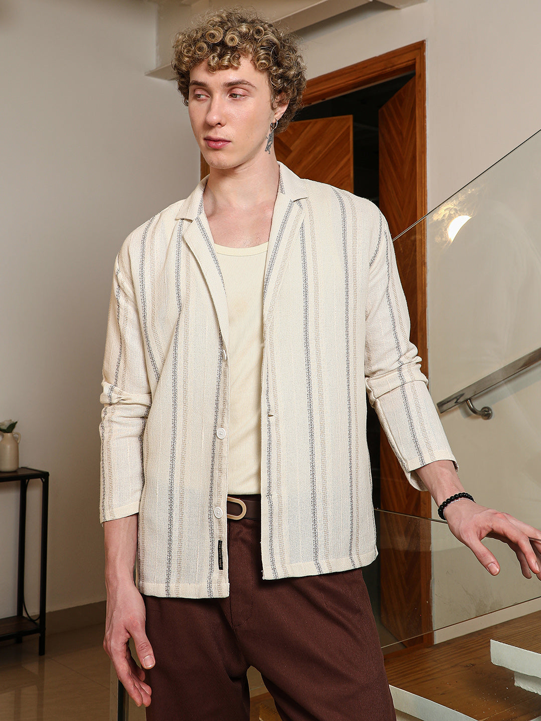 Striped Cotton Cuban Collar Shirt