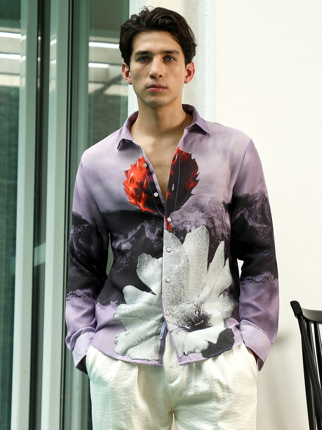 Purple Floral Printed Rayon Shirt With Spread Collar