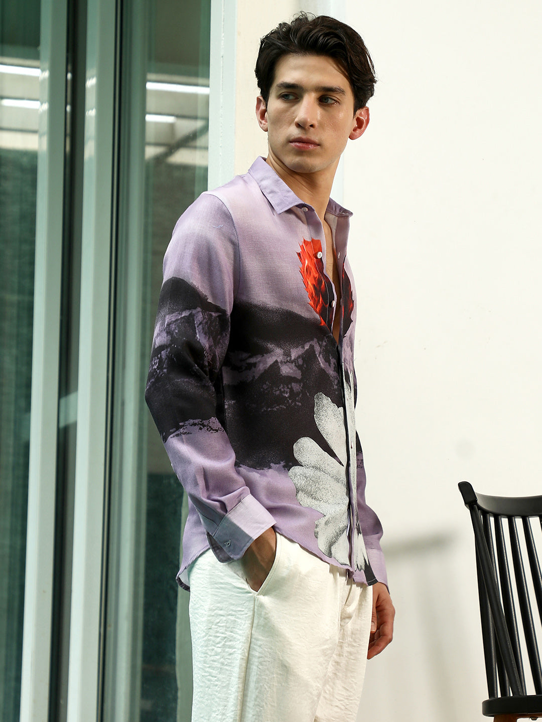 Purple Floral Printed Rayon Shirt With Spread Collar