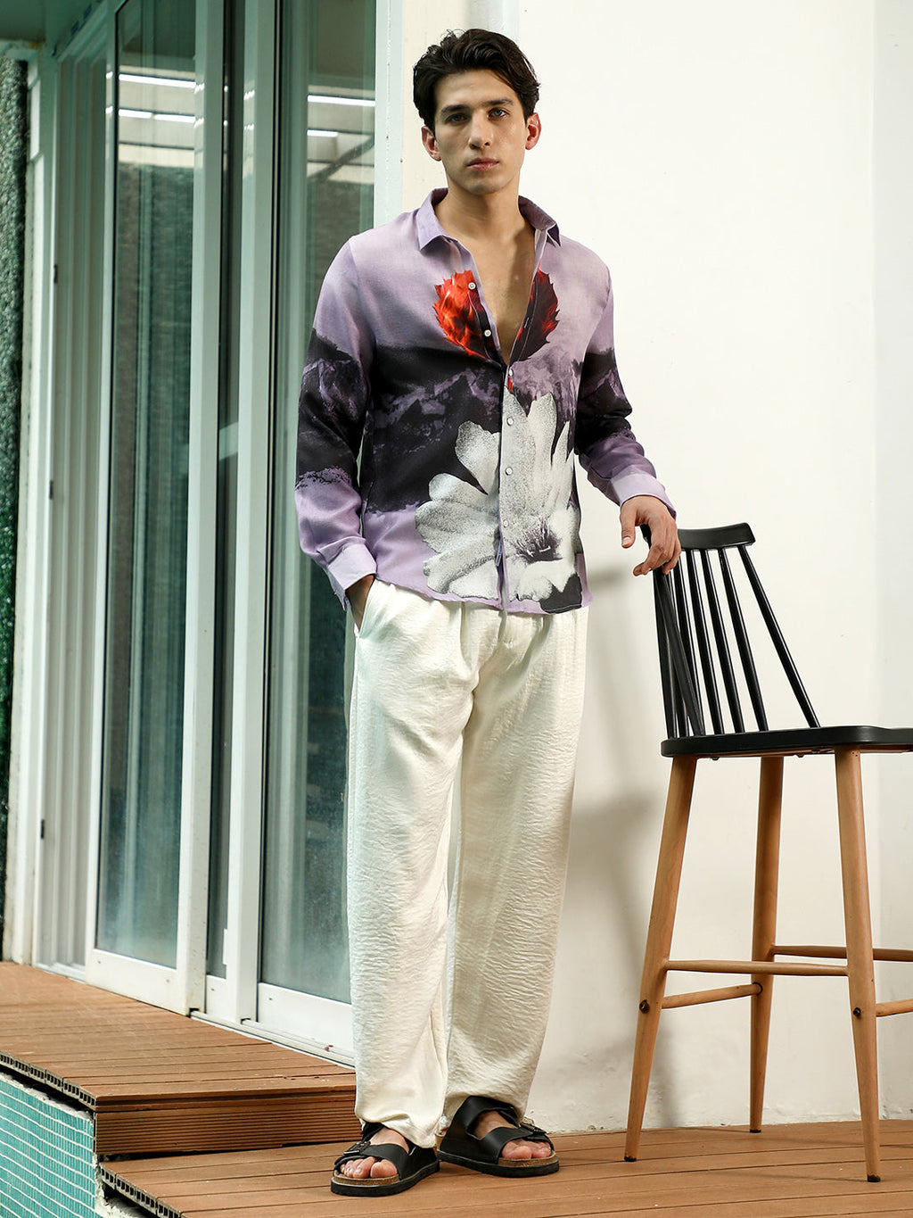 Purple Floral Printed Rayon Shirt With Spread Collar