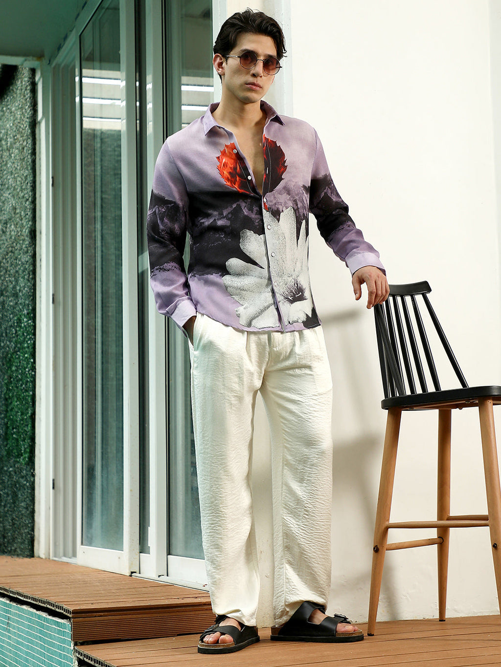 Purple Floral Printed Rayon Shirt With Spread Collar