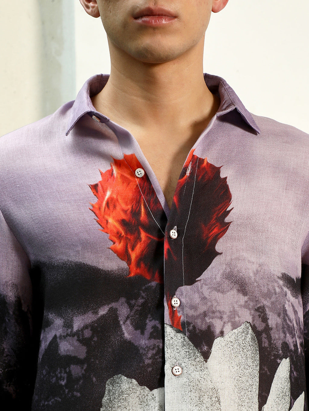 Purple Floral Printed Rayon Shirt With Spread Collar