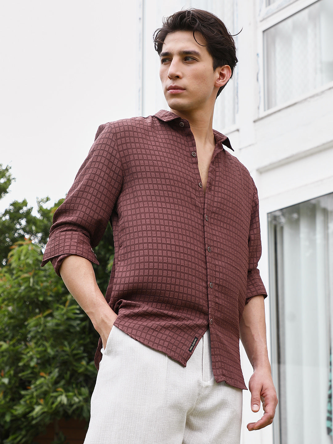 Burgundy Checkered Tailored Fit Full Sleeve Shirt