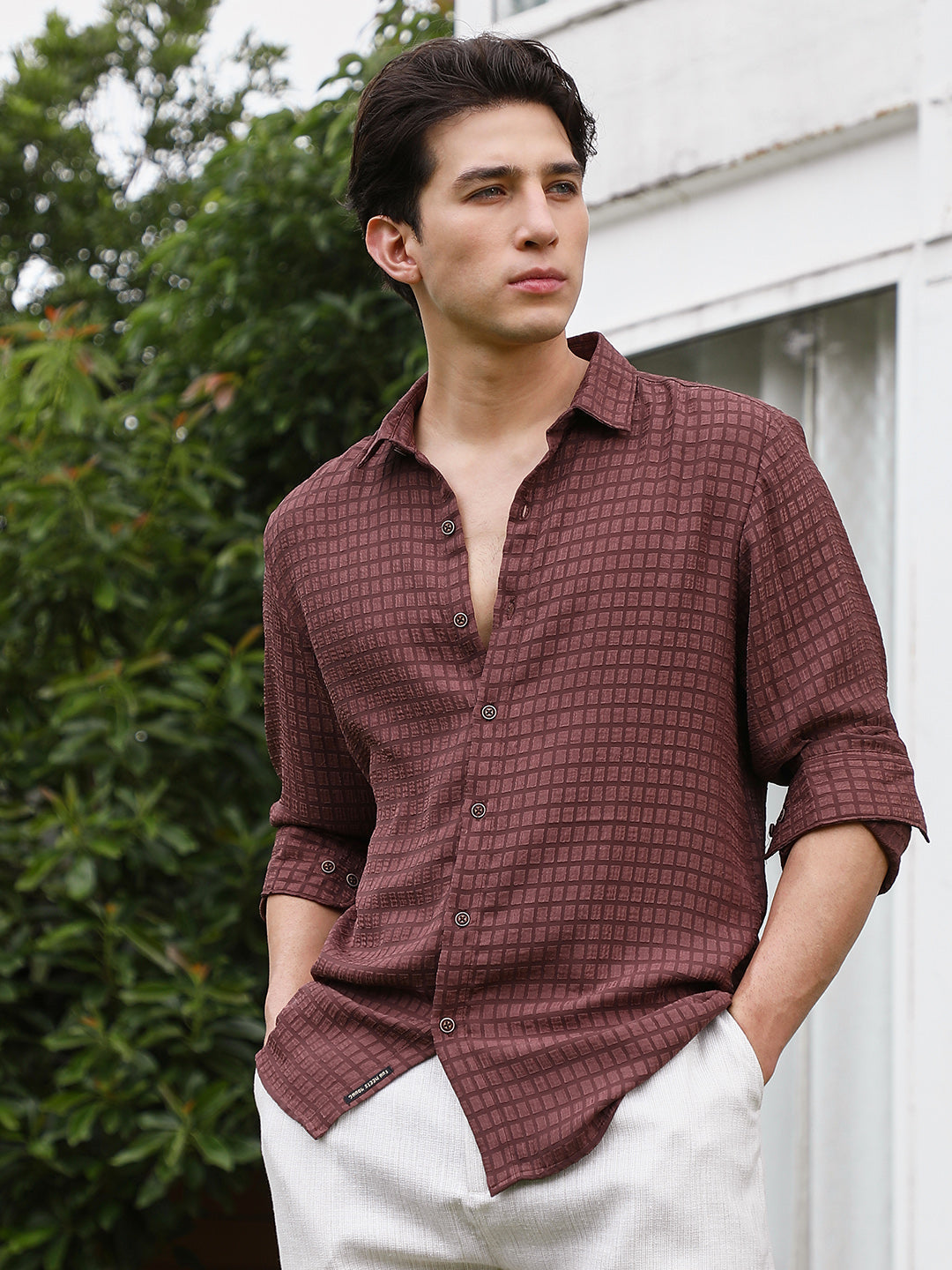 Burgundy Checkered Tailored Fit Full Sleeve Shirt
