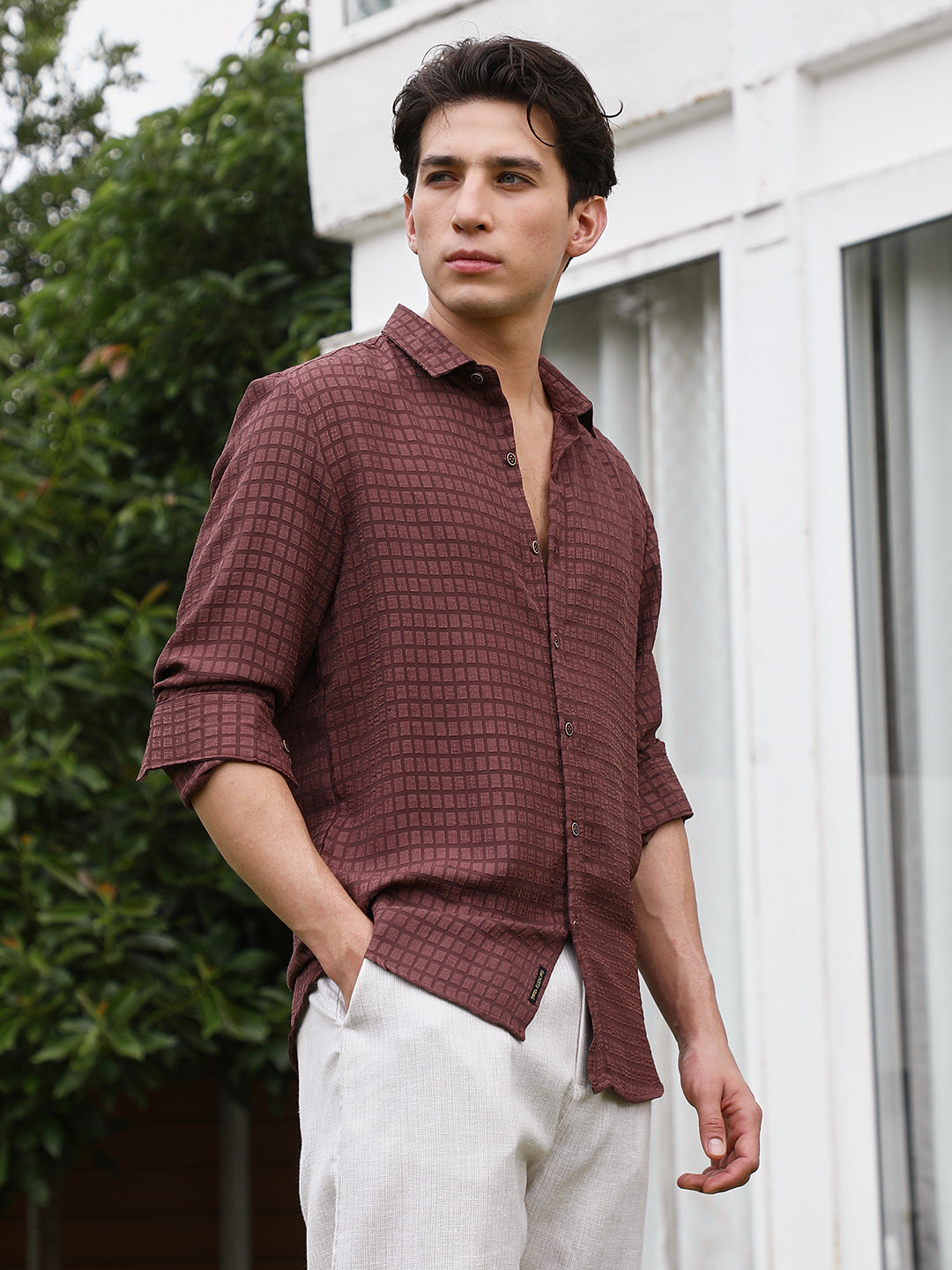 Burgundy Checkered Tailored Fit Full Sleeve Shirt