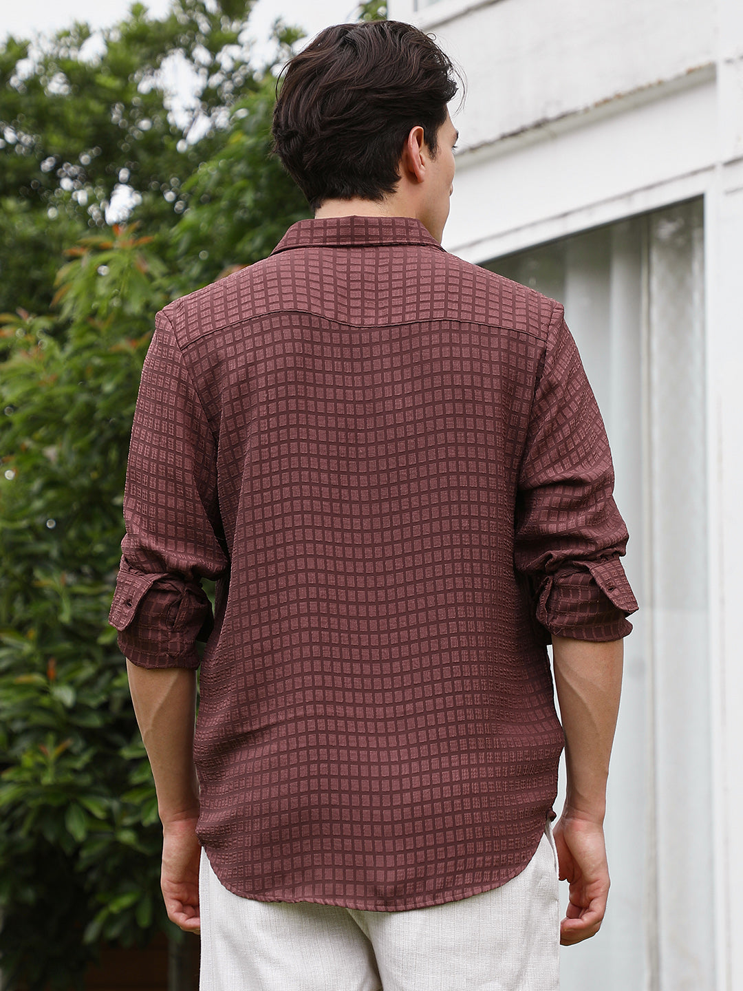 Burgundy Checkered Tailored Fit Full Sleeve Shirt