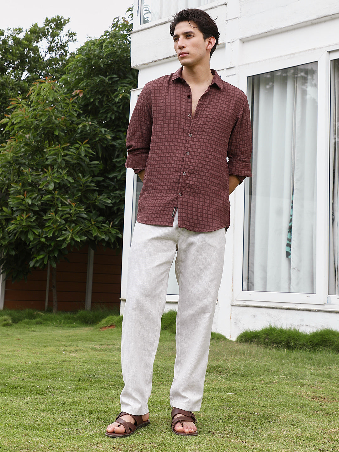 Burgundy Checkered Tailored Fit Full Sleeve Shirt