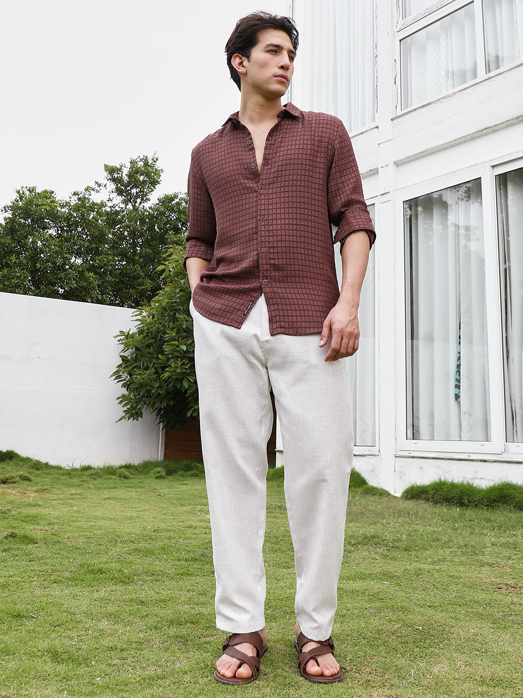 Burgundy Checkered Tailored Fit Full Sleeve Shirt