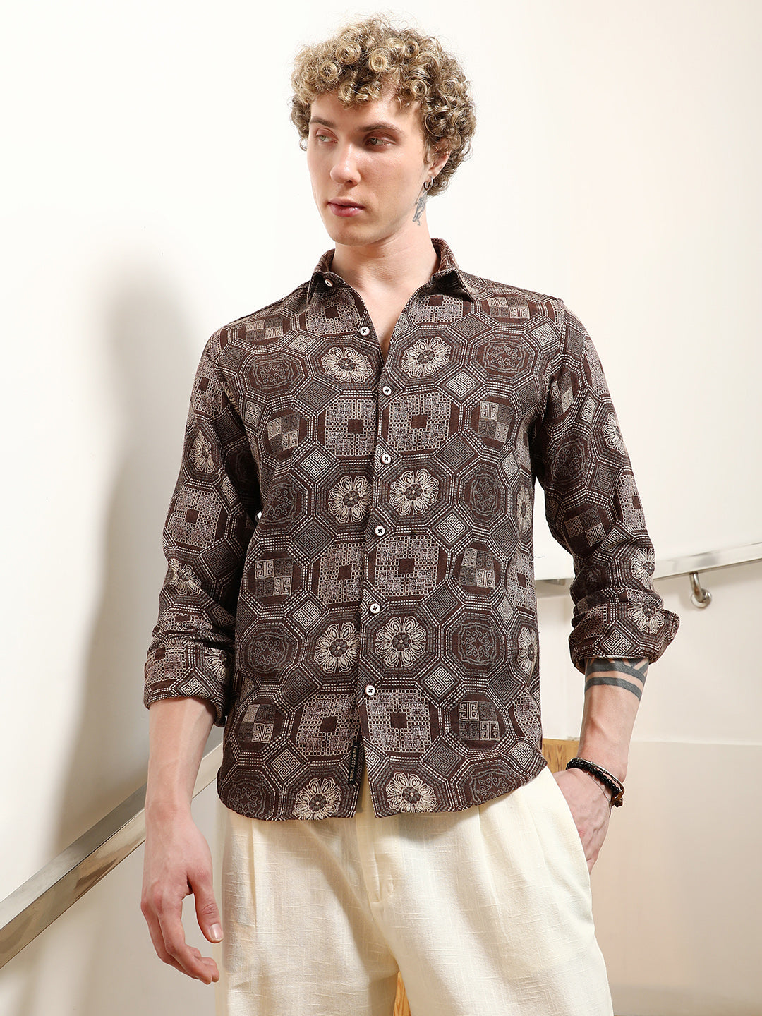 Geometric Pattern Cotton Blend Full Sleeve Shirt
