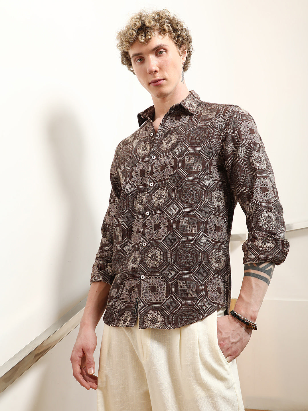 Geometric Pattern Cotton Blend Full Sleeve Shirt