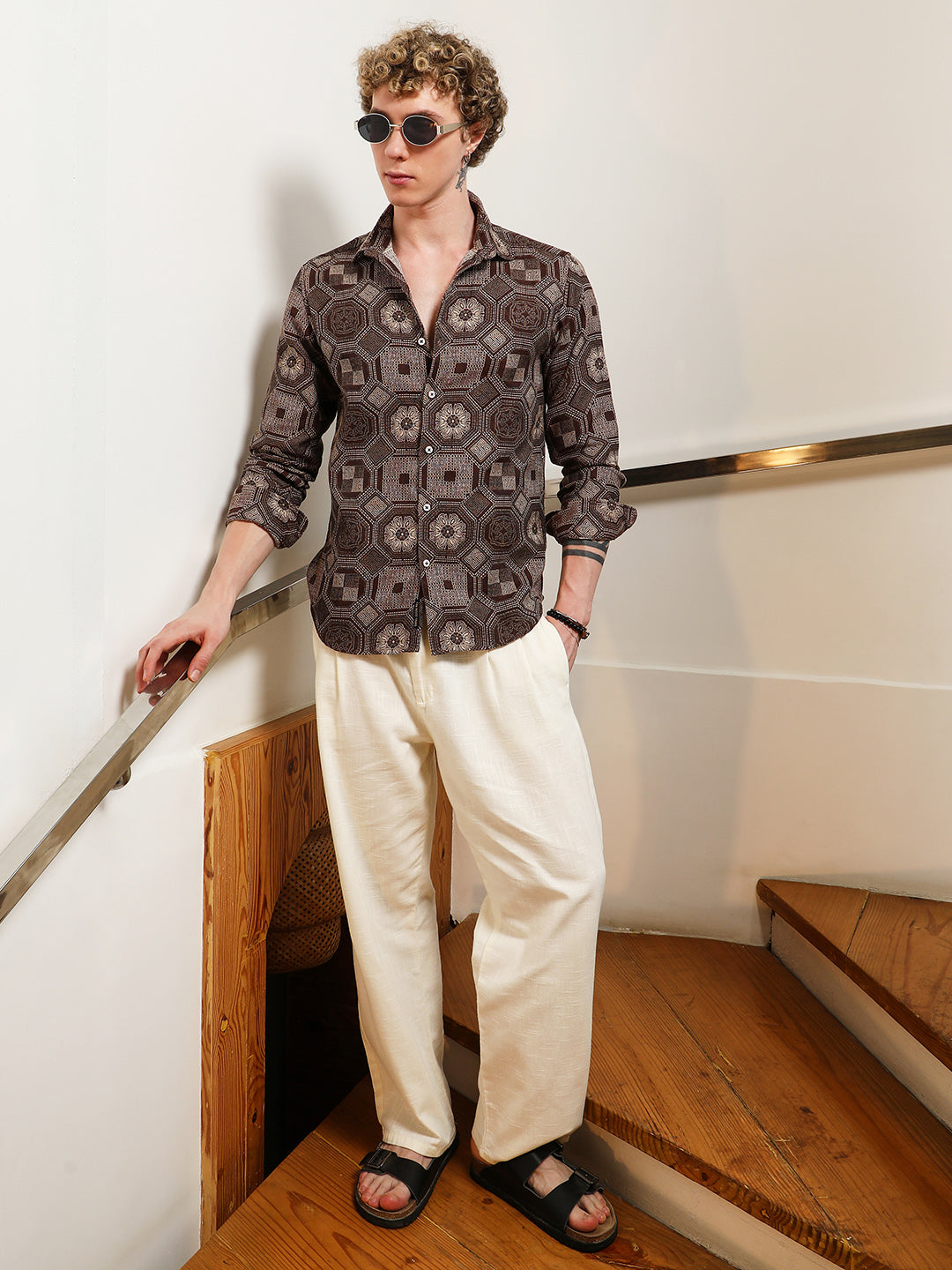 Geometric Pattern Cotton Blend Full Sleeve Shirt