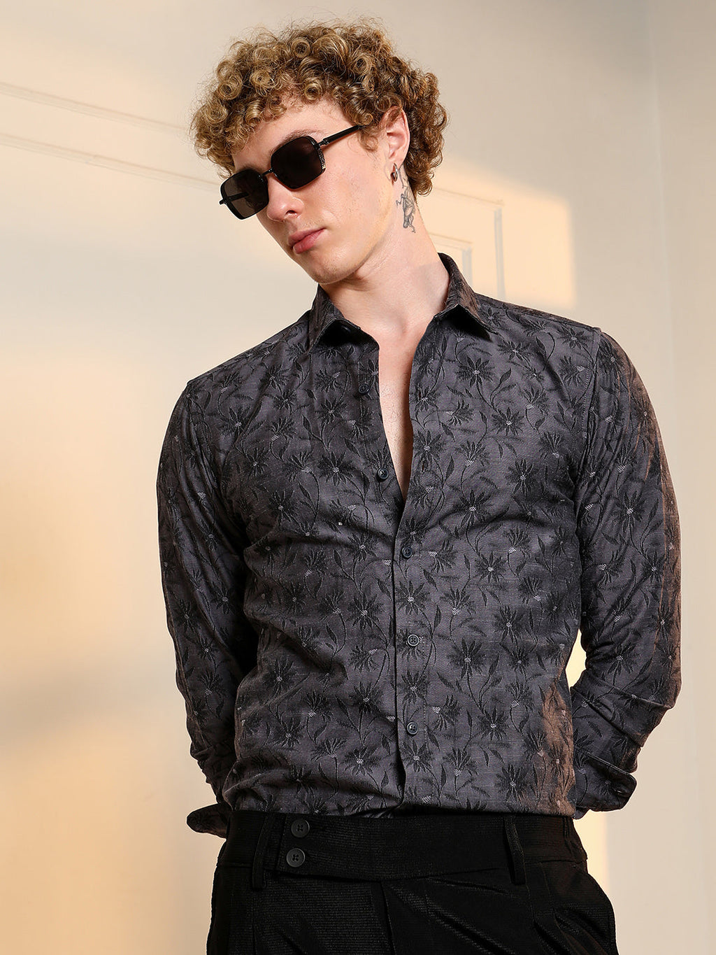 Dark Grey Floral Self Design Slim Fit Shirt