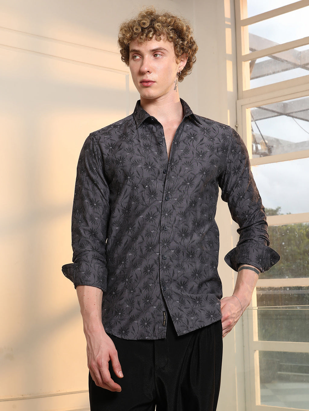 Dark Grey Floral Self Design Slim Fit Shirt