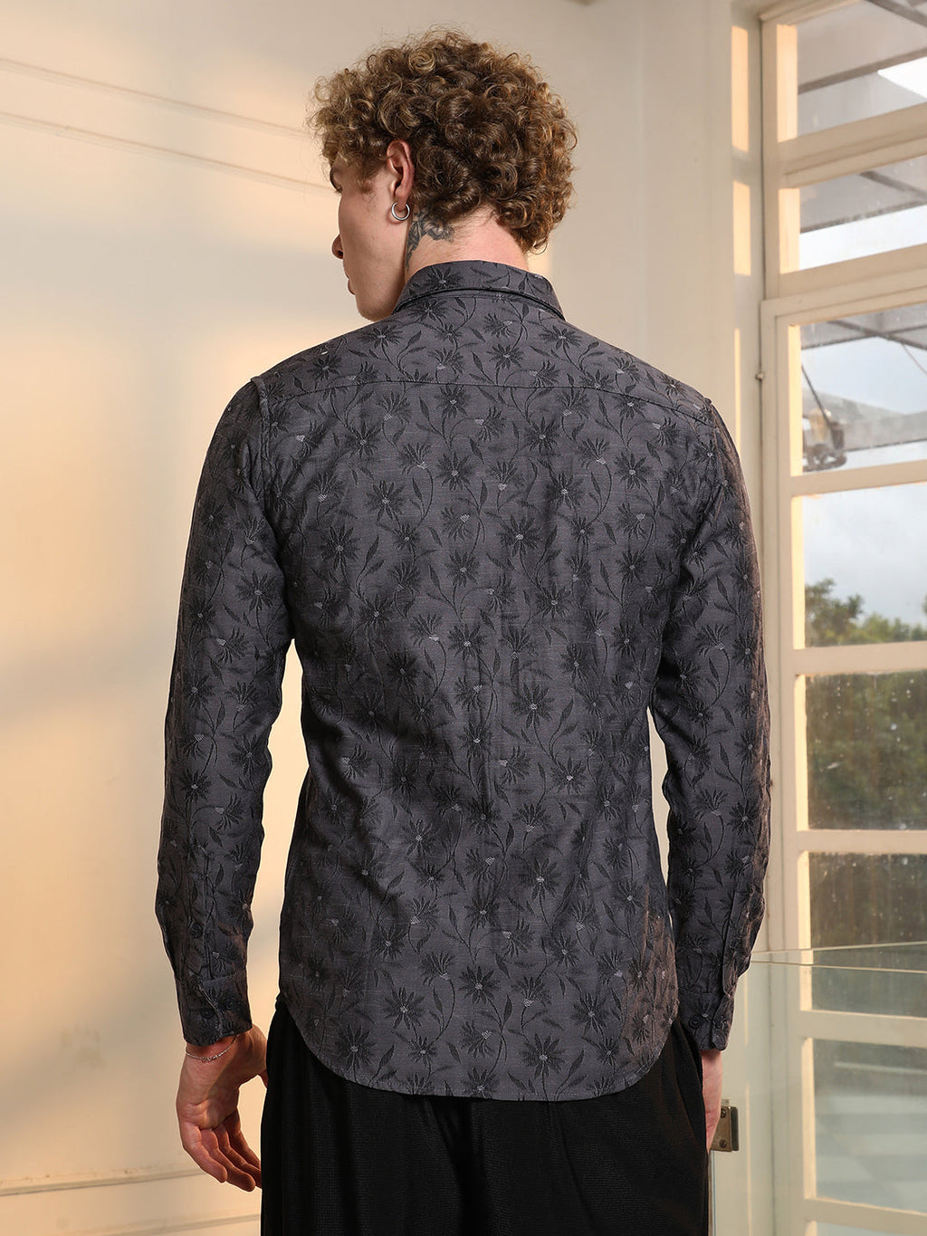 Dark Grey Floral Self Design Slim Fit Shirt