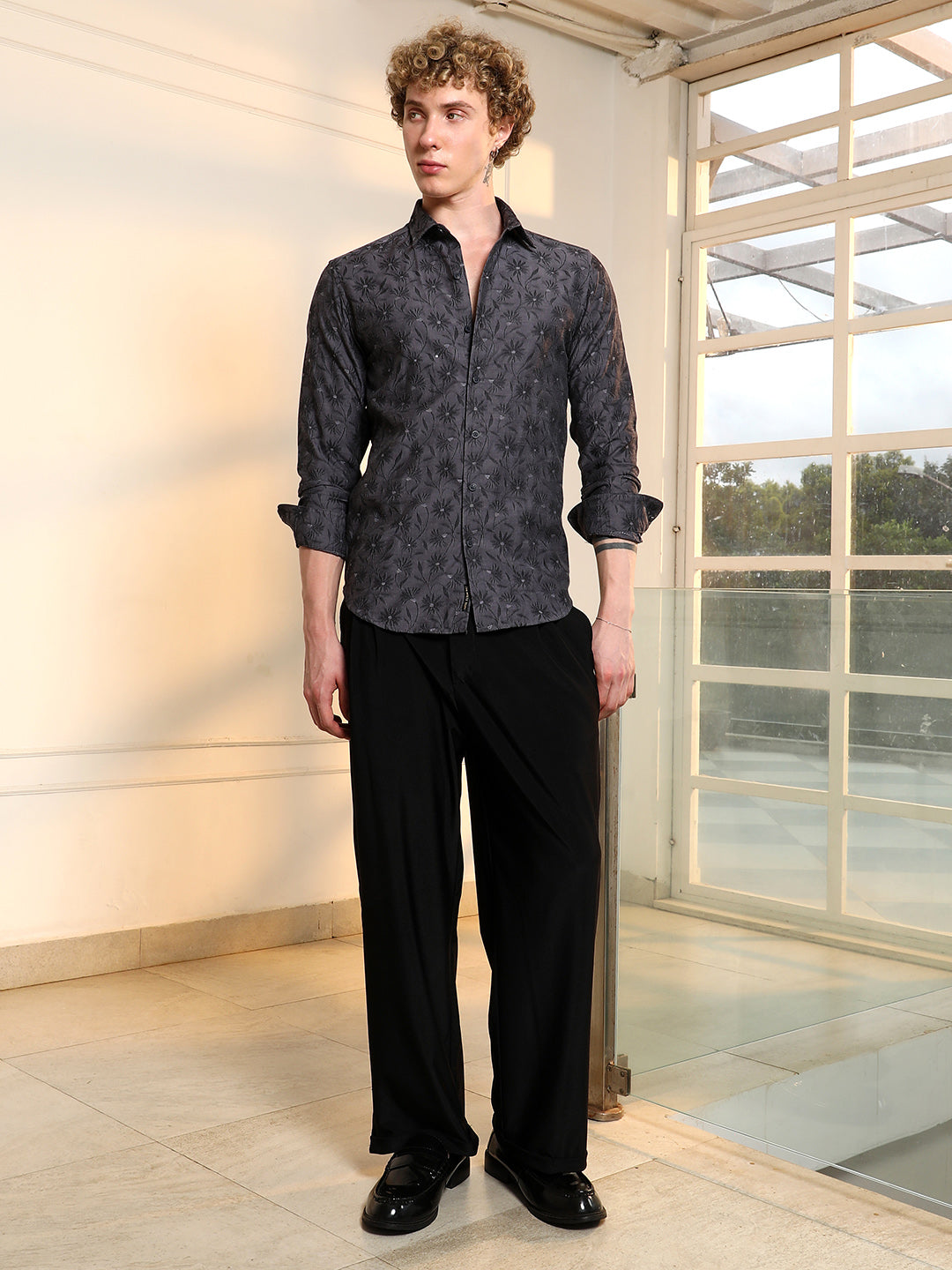 Dark Grey Floral Self Design Slim Fit Shirt