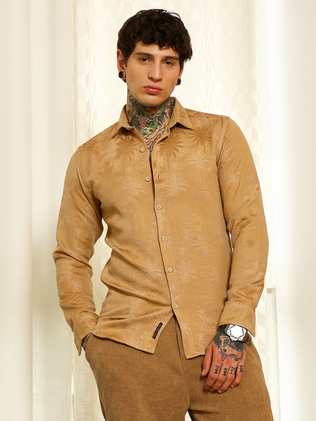 Beige Textured Slim Fit Shirt With Palm Tree Pattern