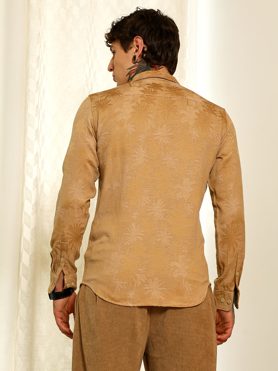 Beige Textured Slim Fit Shirt With Palm Tree Pattern