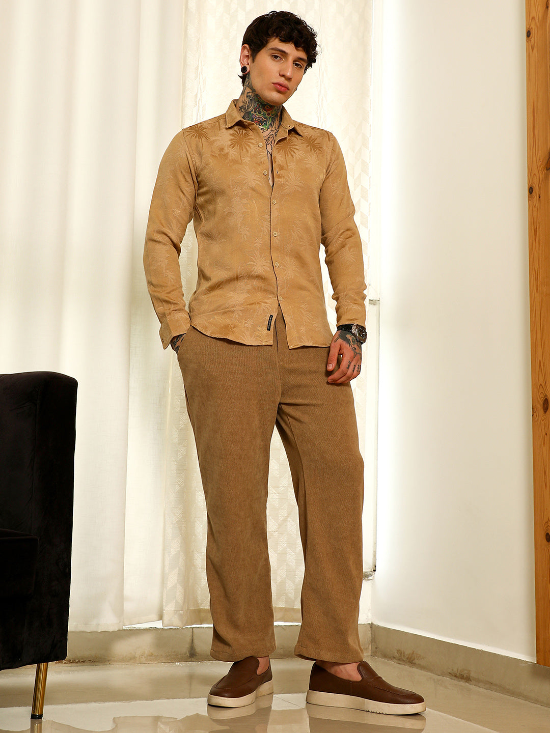 Beige Textured Slim Fit Shirt With Palm Tree Pattern
