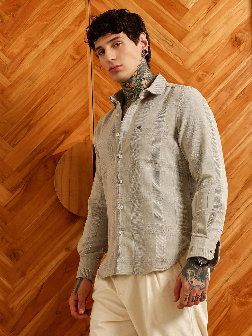 Light Grey Textured Cotton Blend Shirt