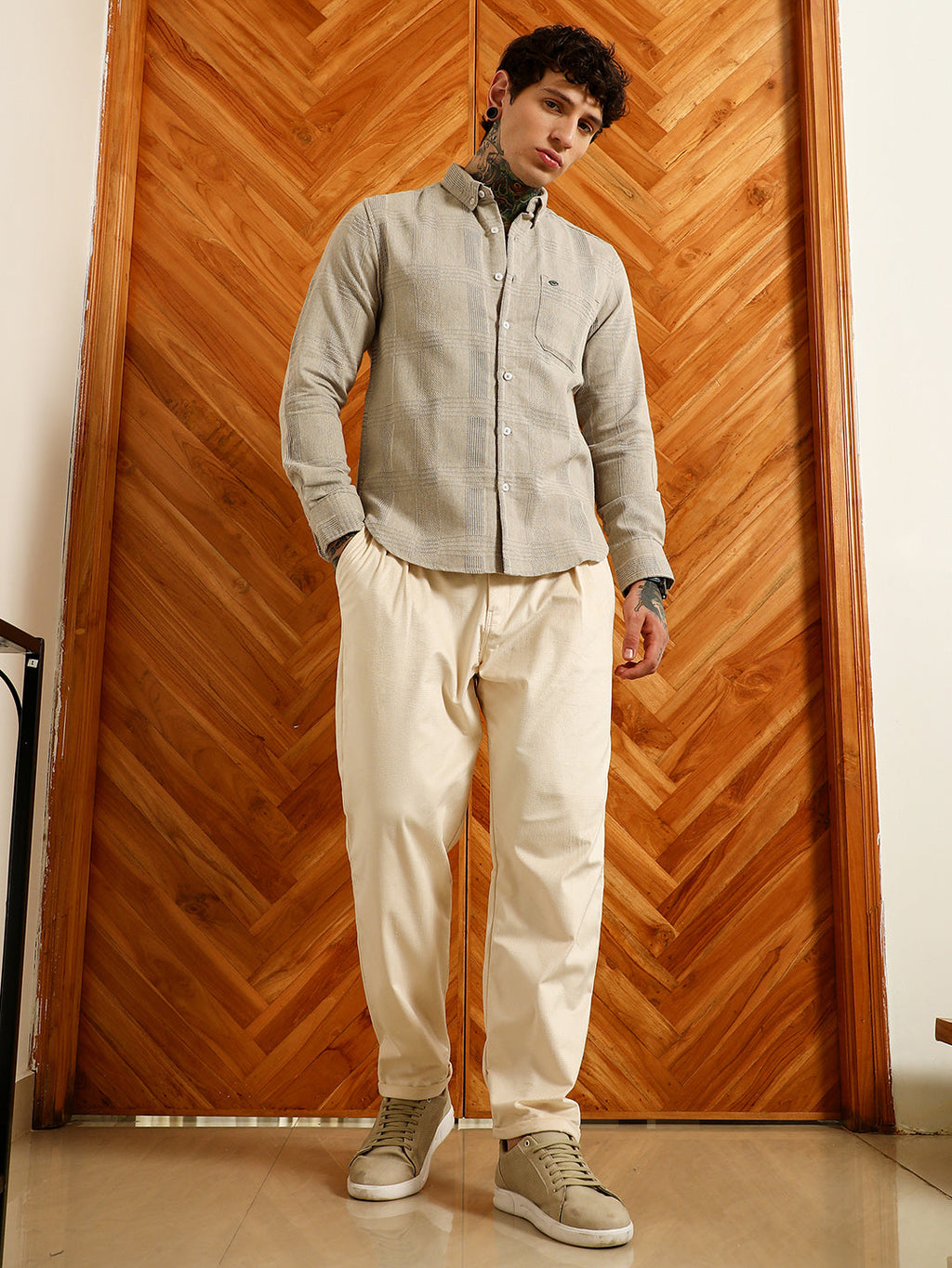 Light Grey Textured Cotton Blend Shirt