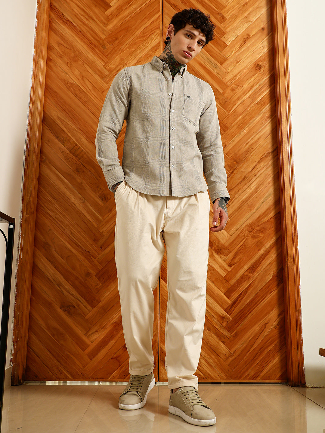 Light Grey Textured Cotton Blend Shirt