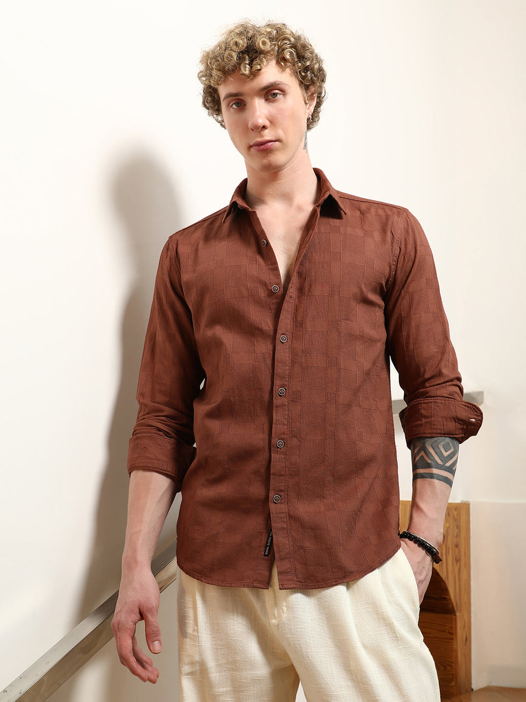 Terracotta Textured Cotton Shirt With Point Collar