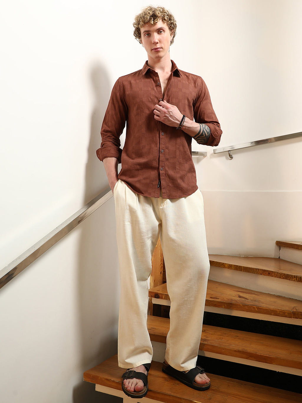 Terracotta Textured Cotton Shirt With Point Collar