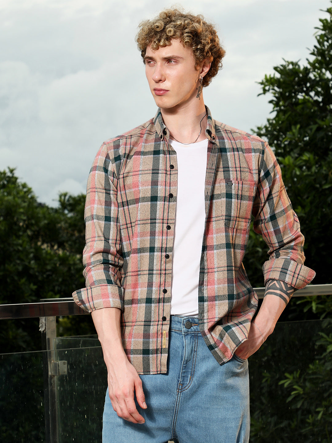 Slim Fit Tartan Check Cotton Polyester Blend Shirt