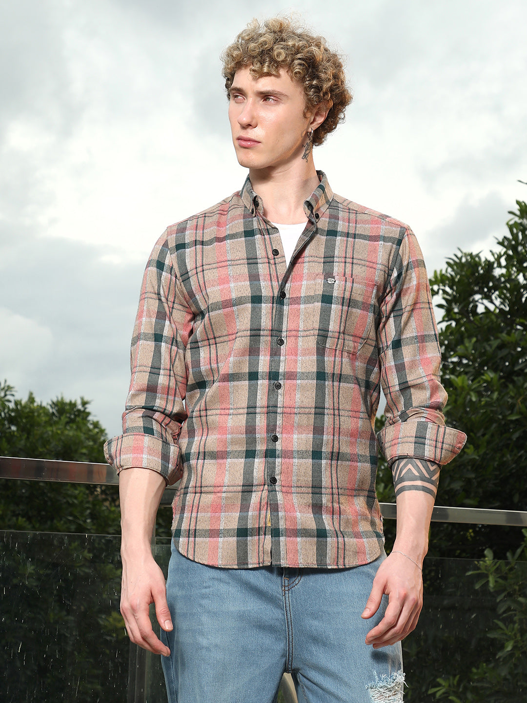 Slim Fit Tartan Check Cotton Polyester Blend Shirt