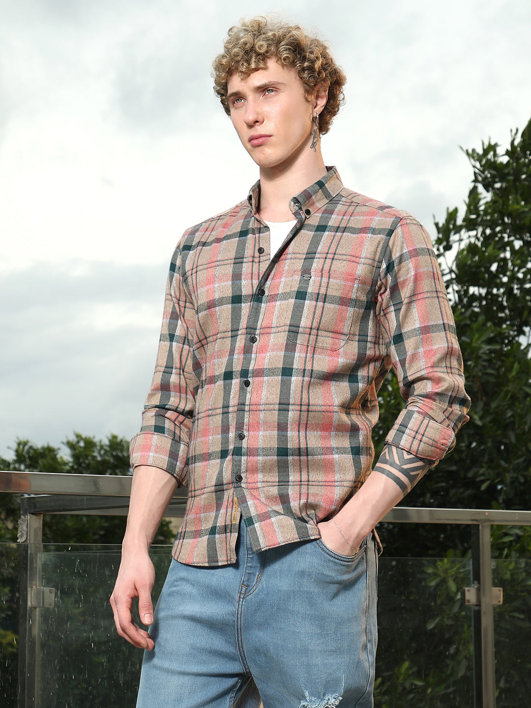 Slim Fit Tartan Check Cotton Polyester Blend Shirt