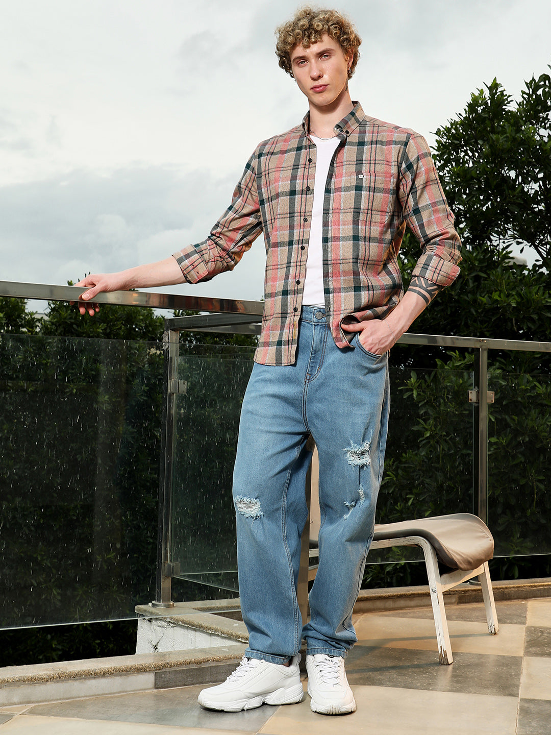 Slim Fit Tartan Check Cotton Polyester Blend Shirt