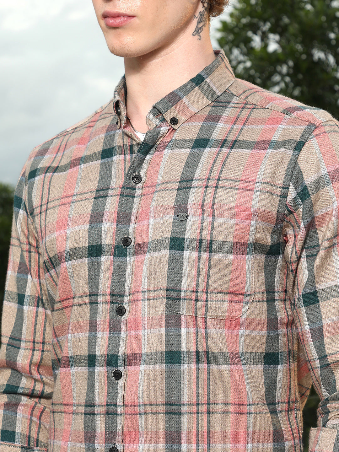 Slim Fit Tartan Check Cotton Polyester Blend Shirt