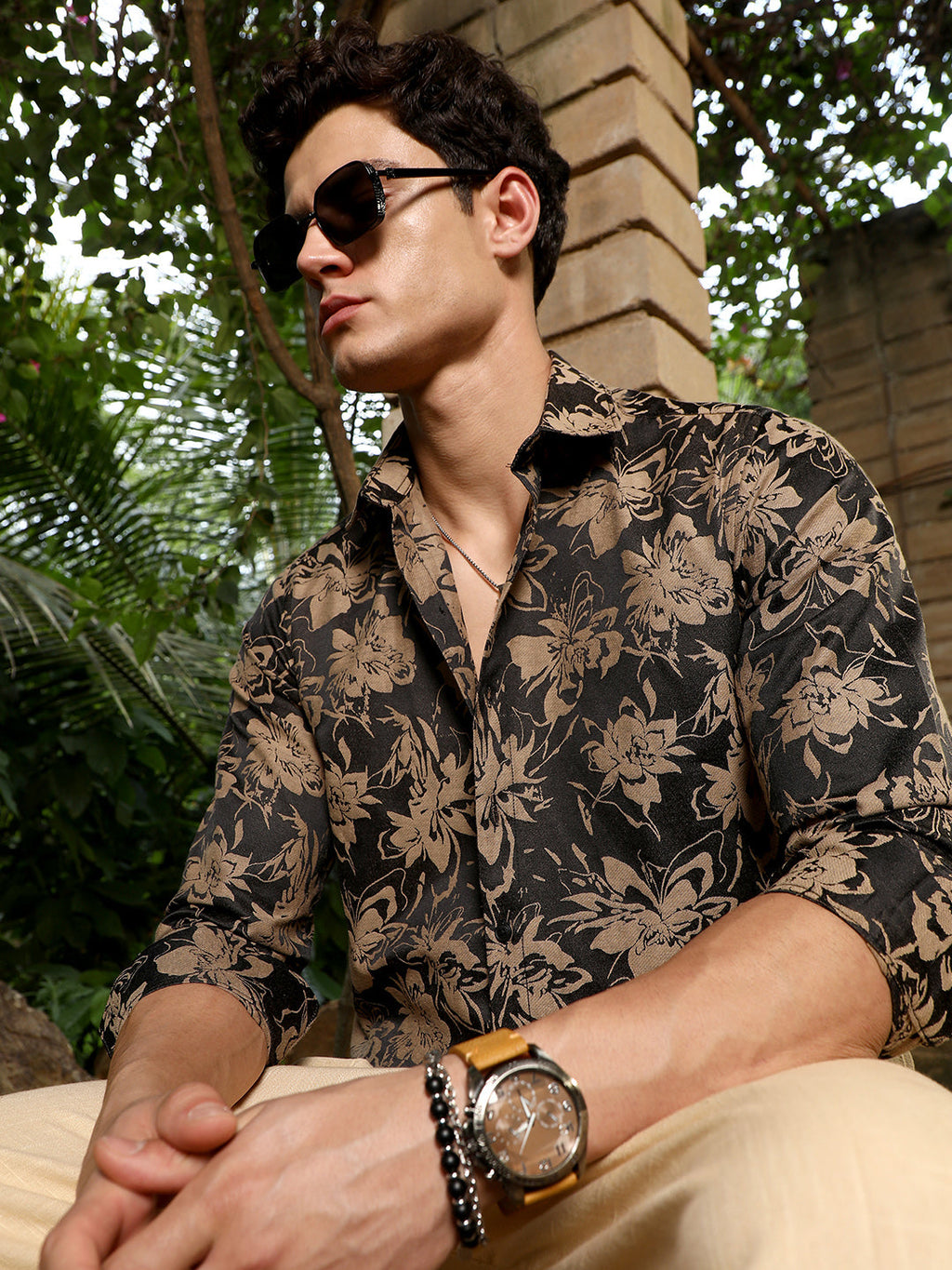 Sand Beige & Midnight Black Contrast-Flora Jacquard Shirt