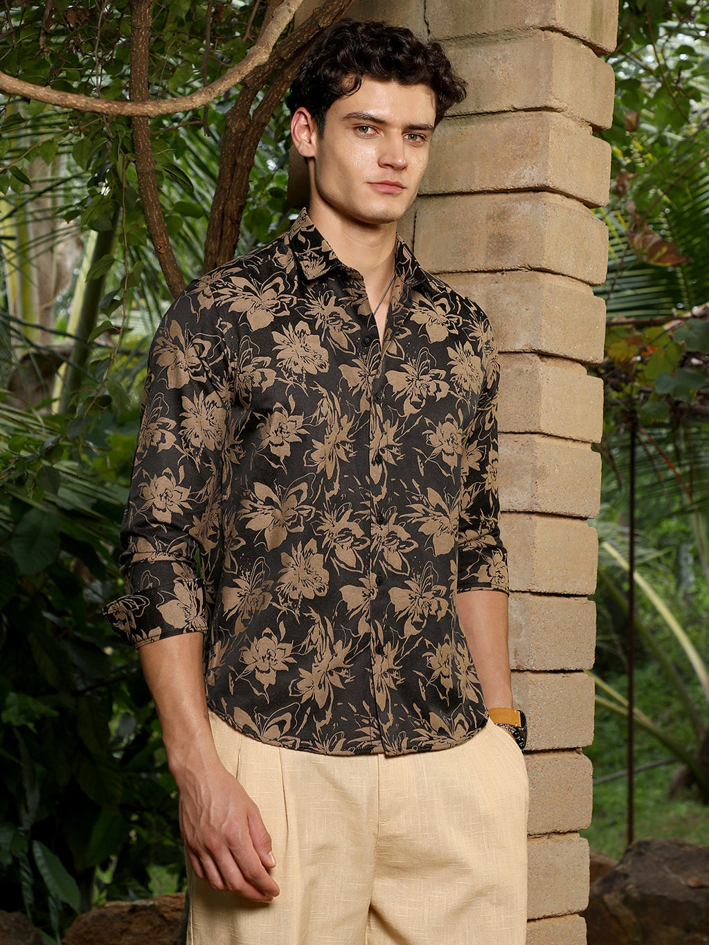 Sand Beige & Midnight Black Contrast-Flora Jacquard Shirt