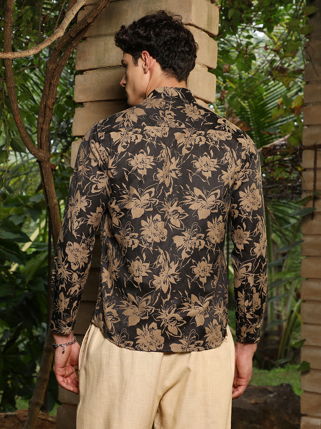 Sand Beige & Midnight Black Contrast-Flora Jacquard Shirt