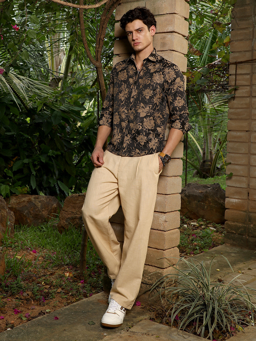 Sand Beige & Midnight Black Contrast-Flora Jacquard Shirt
