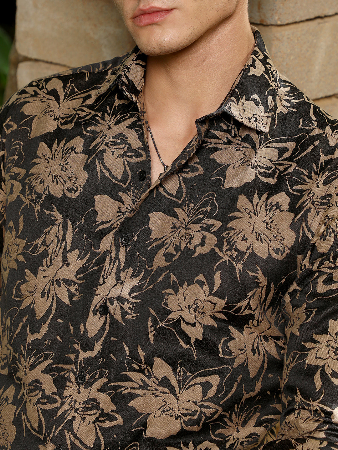 Sand Beige & Midnight Black Contrast-Flora Jacquard Shirt