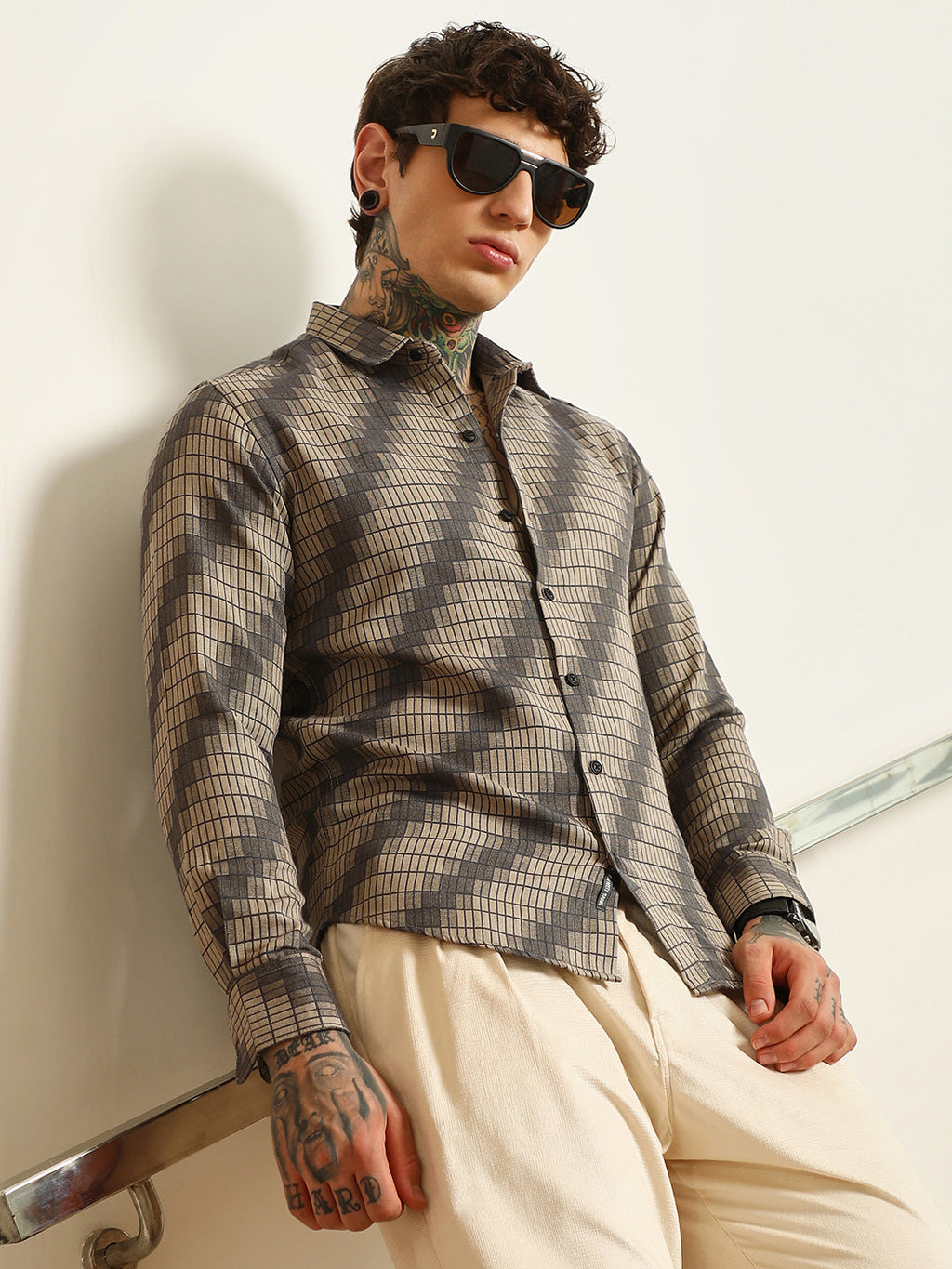 Diagonal Check Slim Fit Shirt - Cotton Polyester Blend