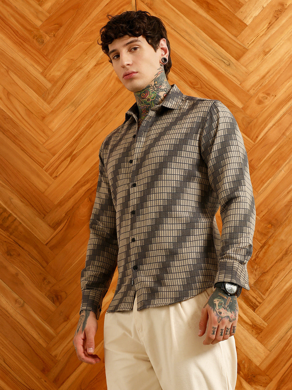 Diagonal Check Slim Fit Shirt - Cotton Polyester Blend