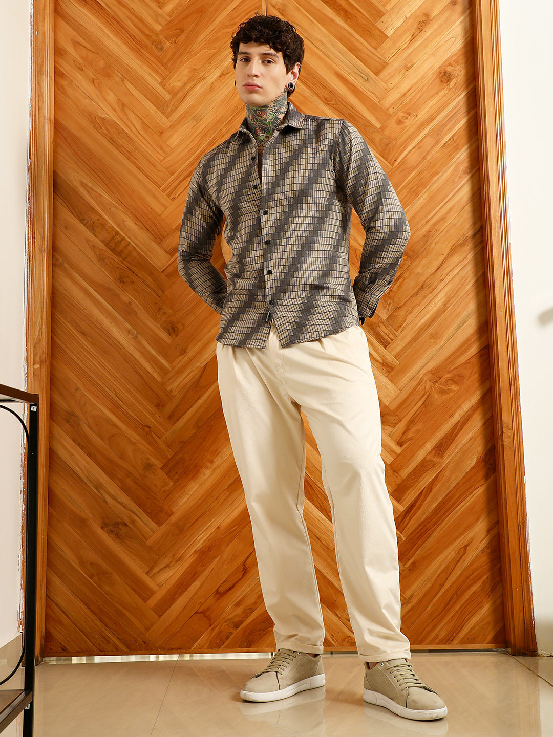 Diagonal Check Slim Fit Shirt - Cotton Polyester Blend